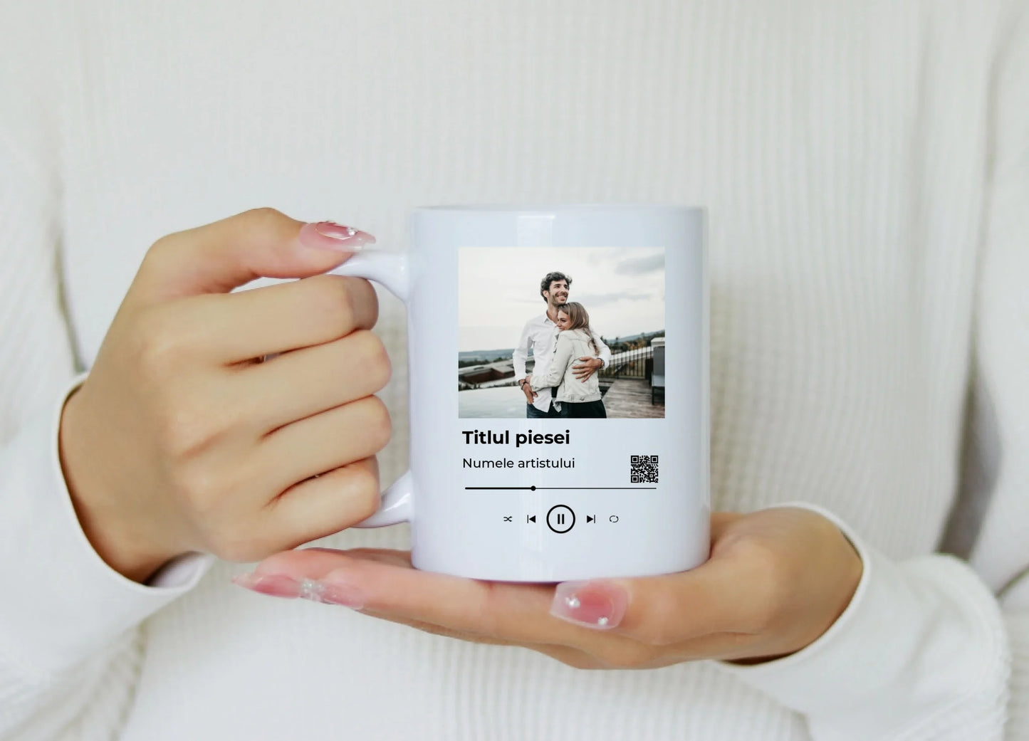 Cană Personalizată cu Poză și Melodie – Design "Music Player + Versuri Inimă"